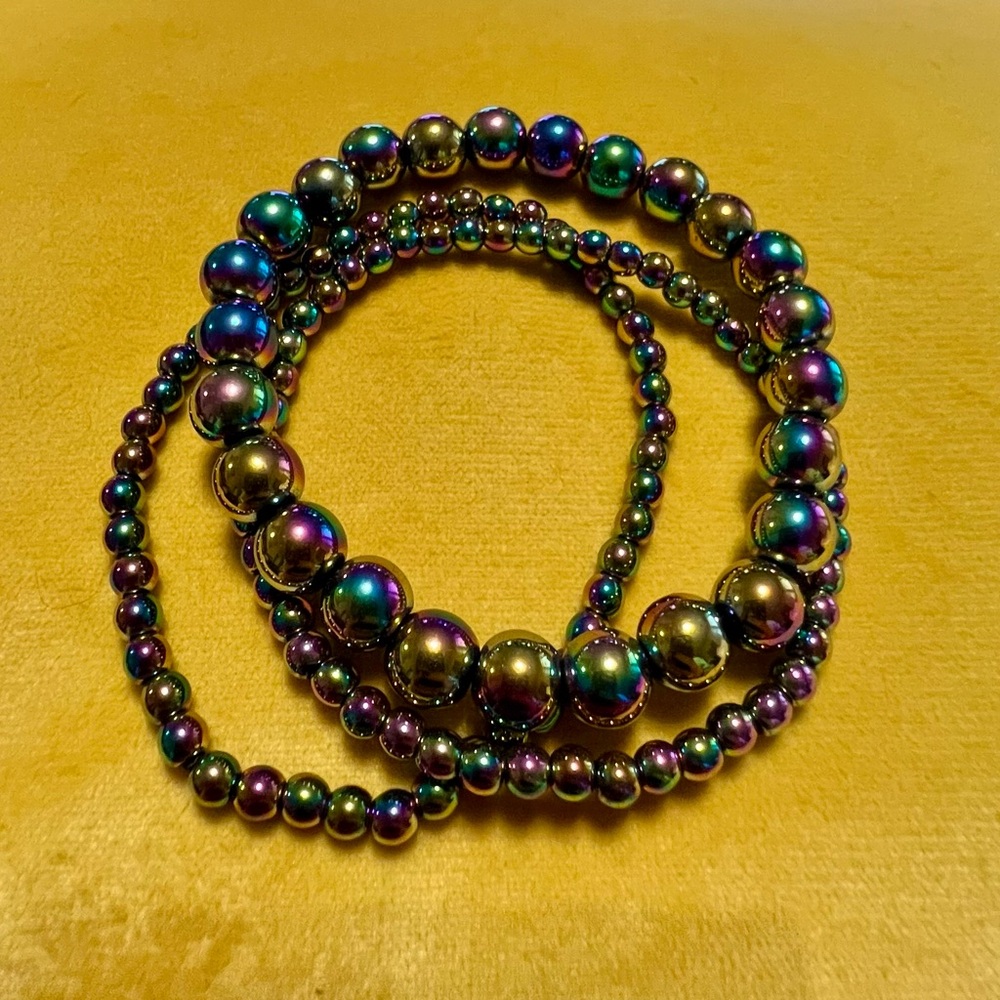 Rainbow Hematite 3 Bracelet Stack - 48.35g - 8mm and 4.2mm Beads